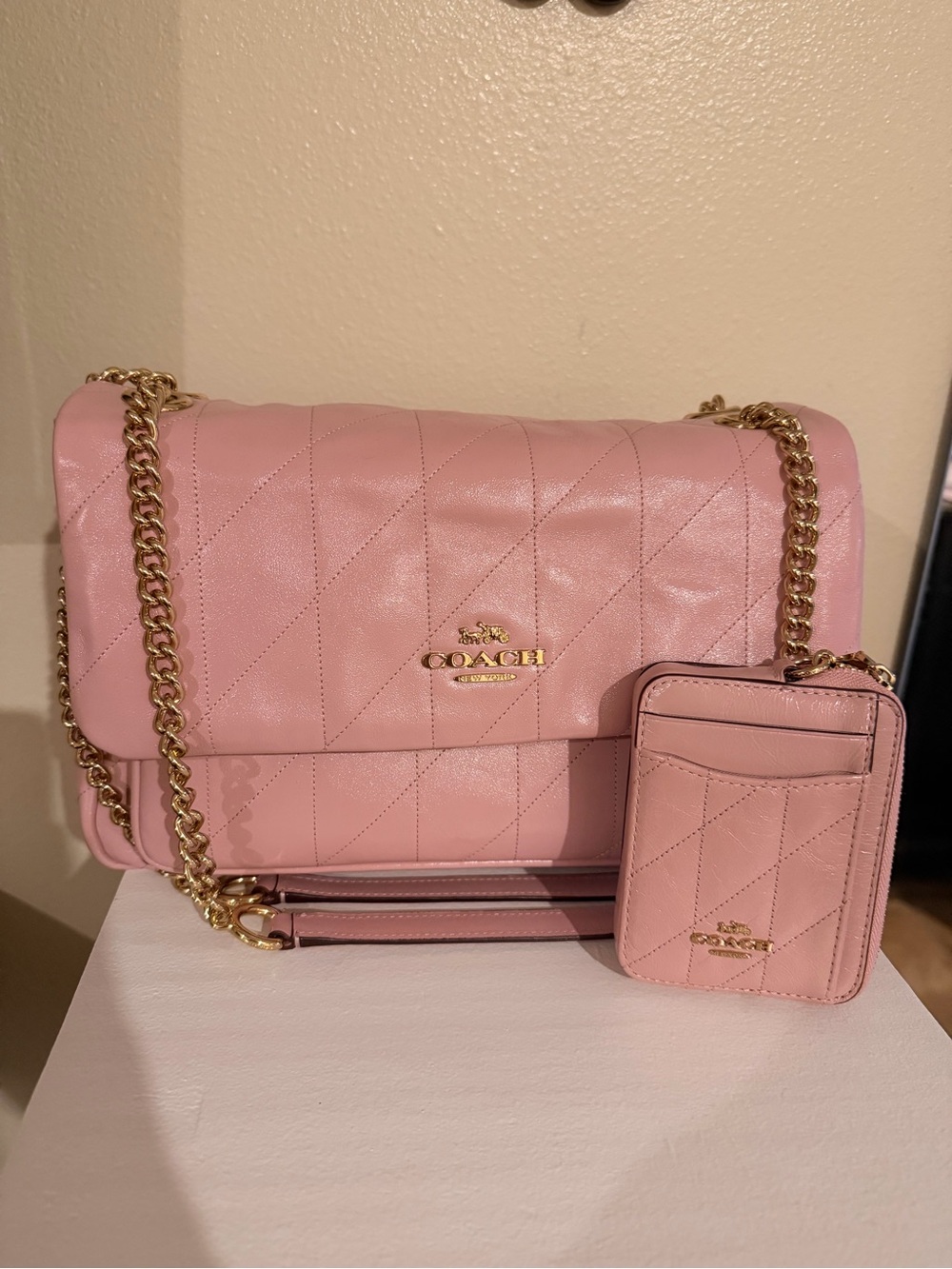 Coach Quilted Pink Leather Shoulder Bag with Card Case